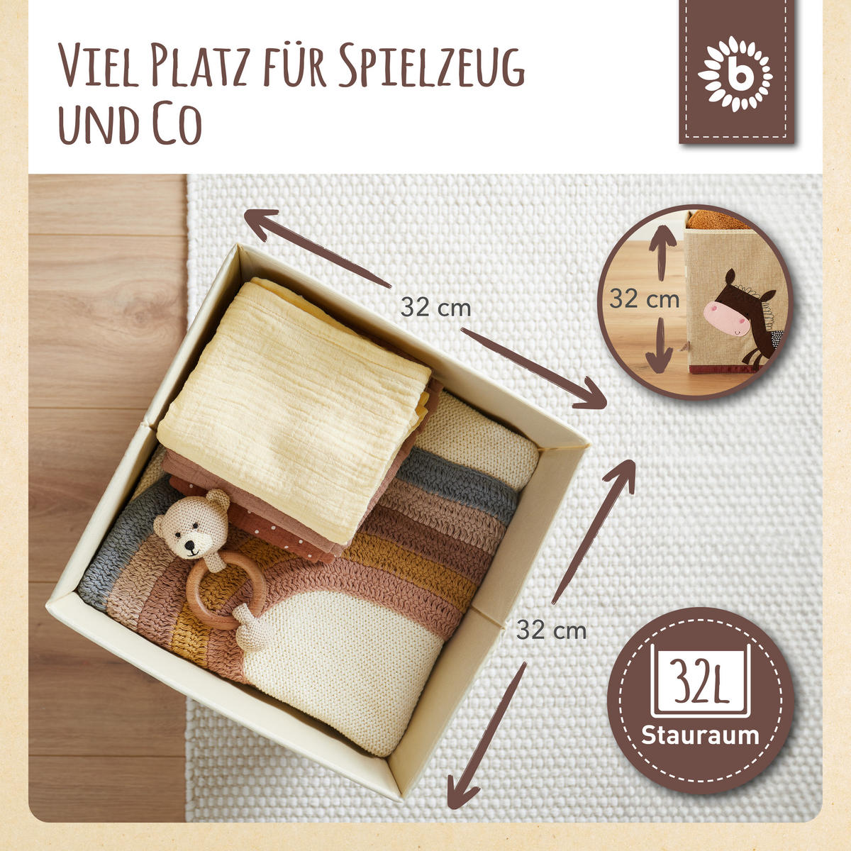 AUFBEWAHRUNGSBOX Kinder Kallax Esel - Beige/Dunkelbraun, Textil (33/33cm) - Bieco Spielwaren