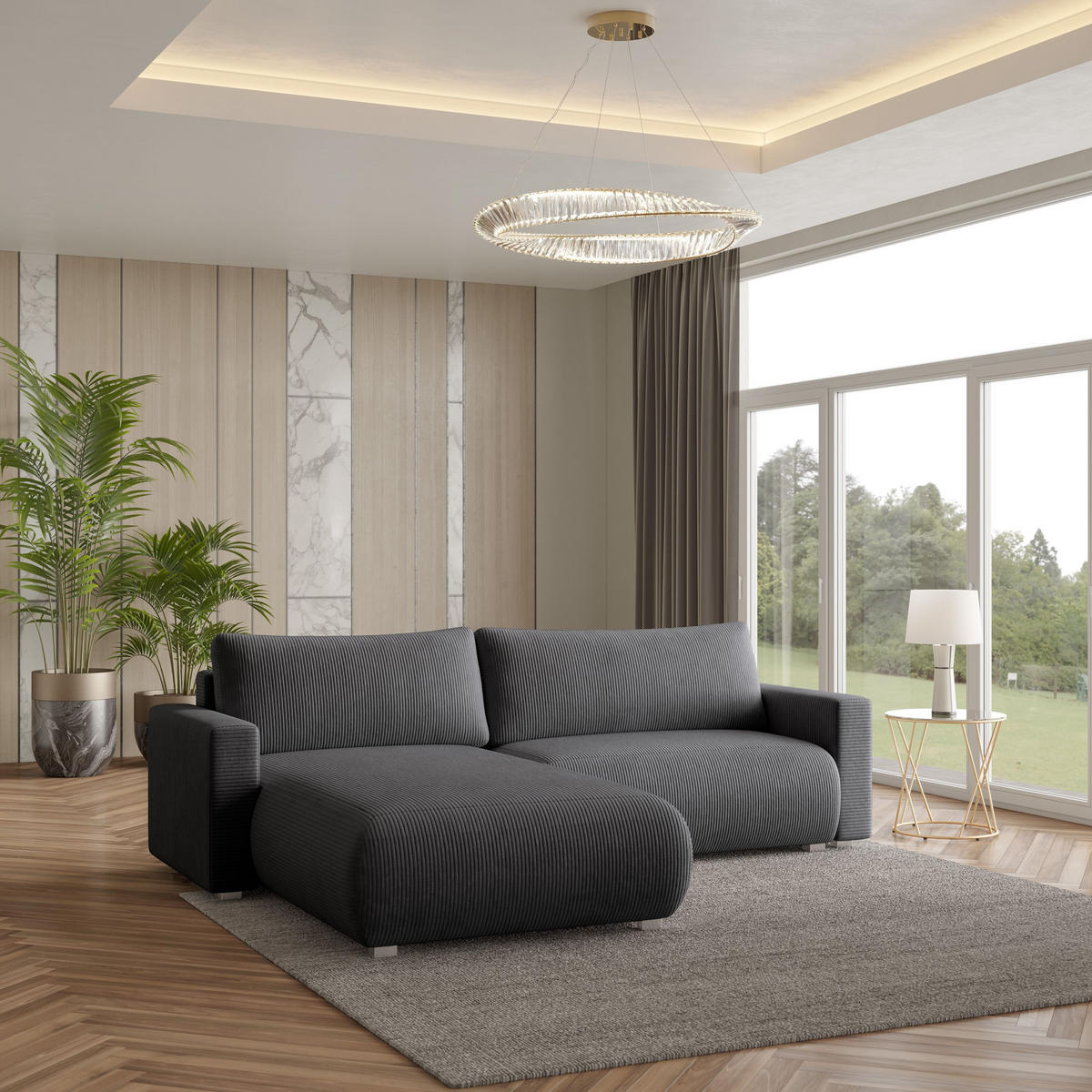 ECKSOFA TURIN P Graphitfarben Kordstoff mit Schlaffunktion - Graphitfarben, Holz (265/183cm) - MASSENO