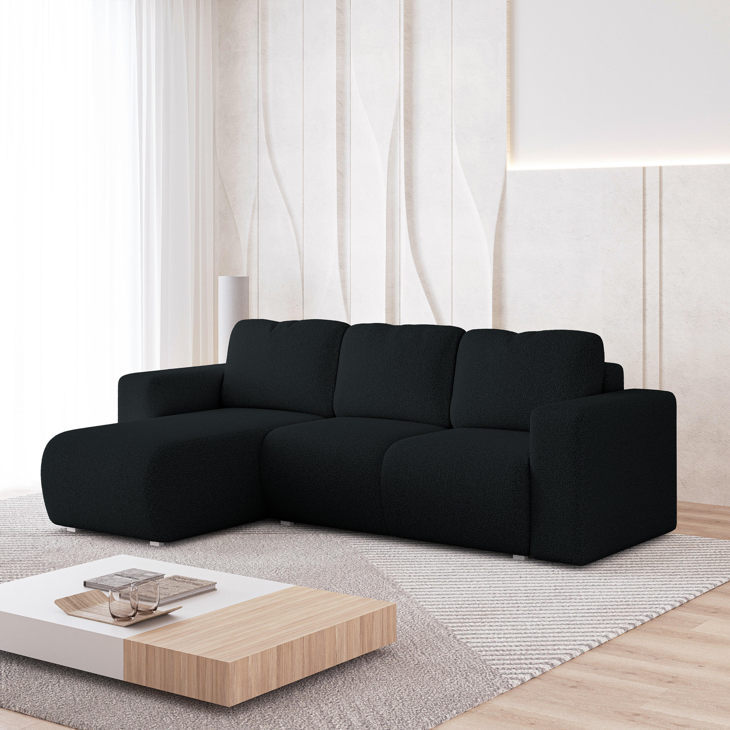 ECKSOFA RINOVA Schwarz Boucle-Stoff mit Schlaffunktion - Schwarz, Holz (250/143cm) - MASSENO
