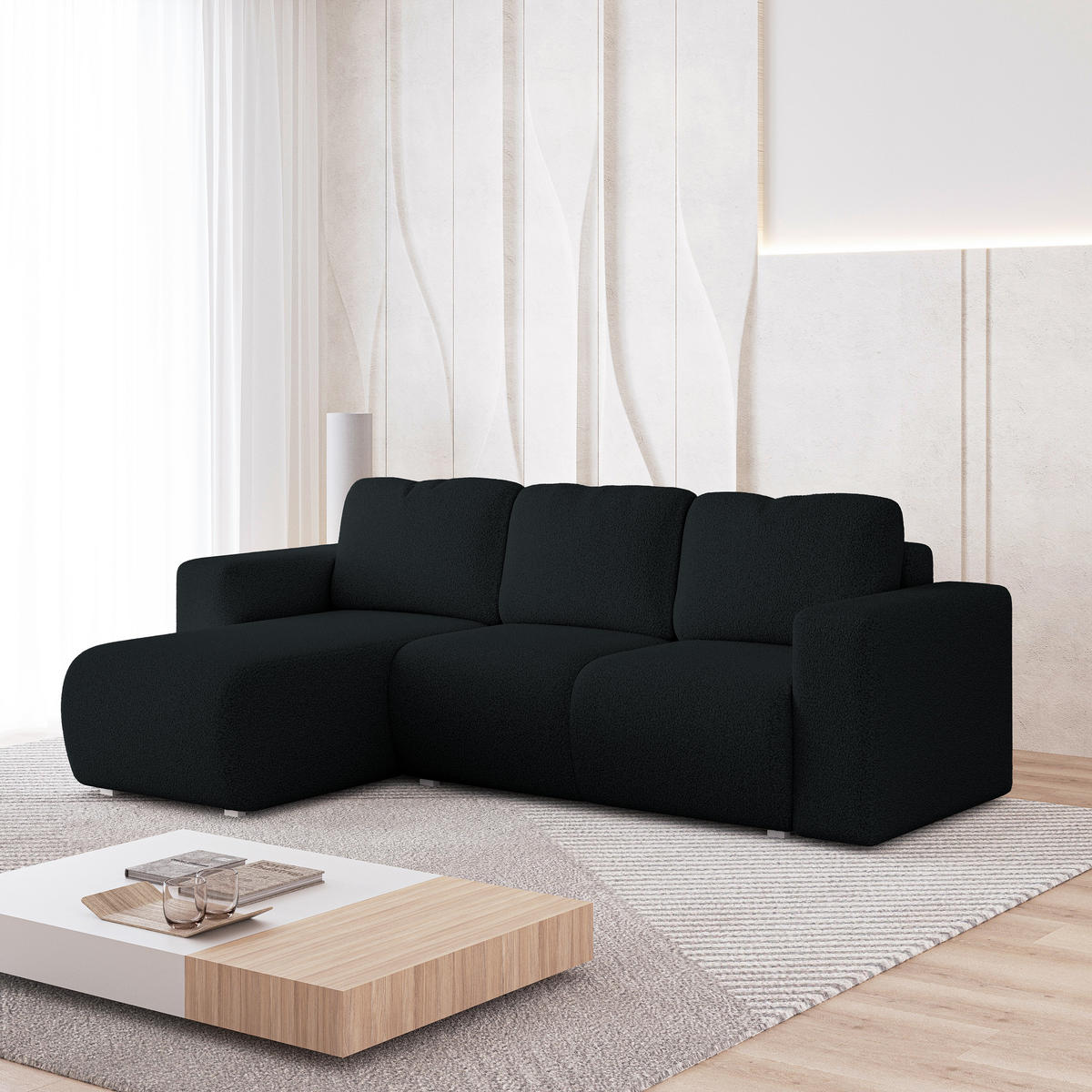 ECKSOFA RINOVA Schwarz Boucle-Stoff mit Schlaffunktion - Schwarz, Holz (250/143cm) - MASSENO