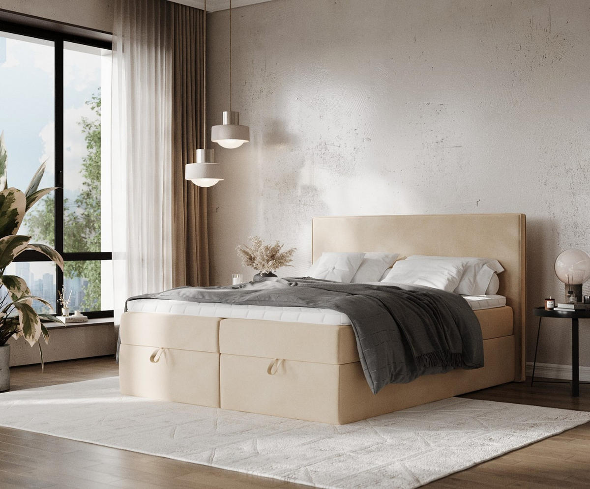 BOXBETT Velma 180/200 cm Beige im Kronos Stoff - Beige/Schwarz, Holz/Holzwerkstoff (180/200cm) - AltaBeds