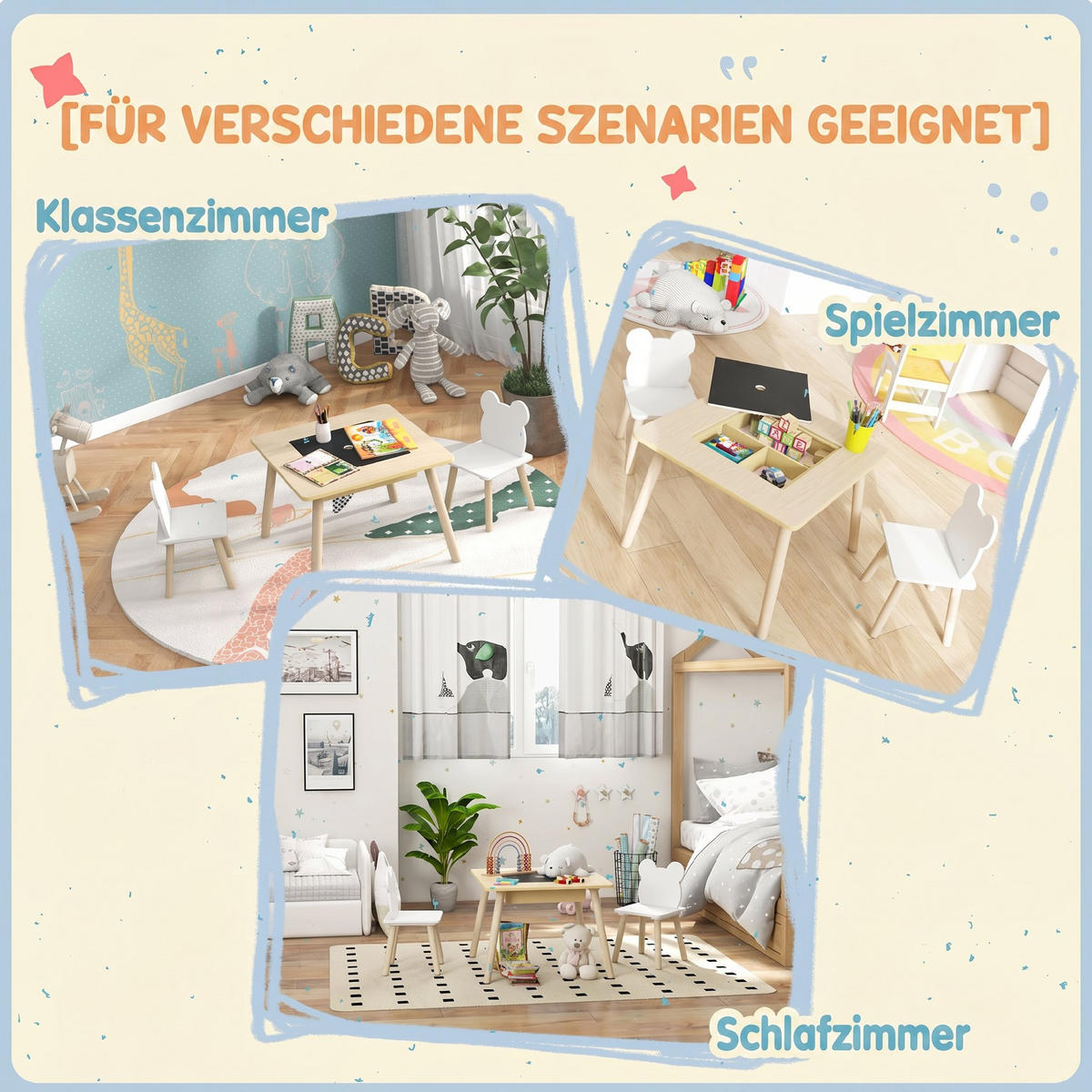 KINDER-TISCH-STUHL-SET 3er Set MDF Naturholz - Weiß/Naturfarben, Holz/Holzwerkstoff (60/44/60cm) - AIYAPLAY