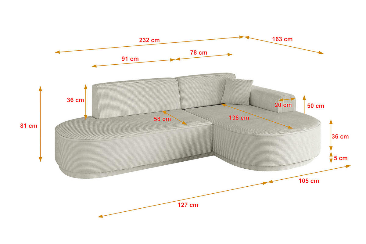 ECKSOFA Ottomane Rechts MARI-L1 - 232x163x81 cm Hellgrau Cord - Hellgrau/Schwarz, Holzwerkstoff/Kunststoff (234/163cm) - ALTDECOR