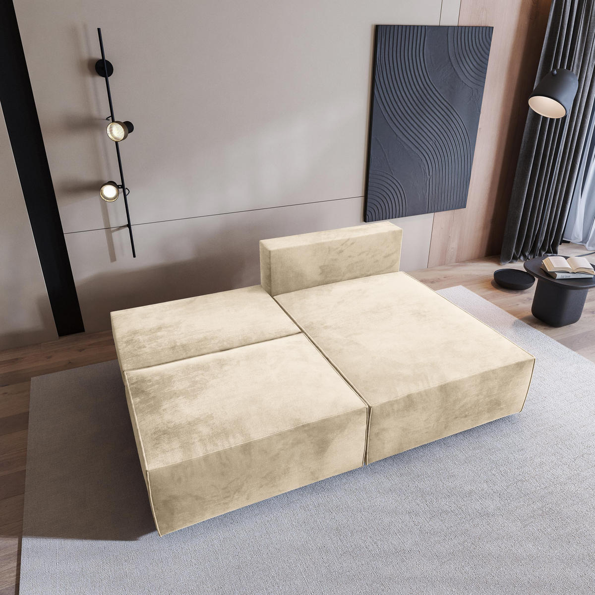 ECKSOFA FIORO M Creme Velours-Stoff mit Schlaffunktion - Creme/Grau, Holz/Kunststoff (204/148cm) - MASSENO