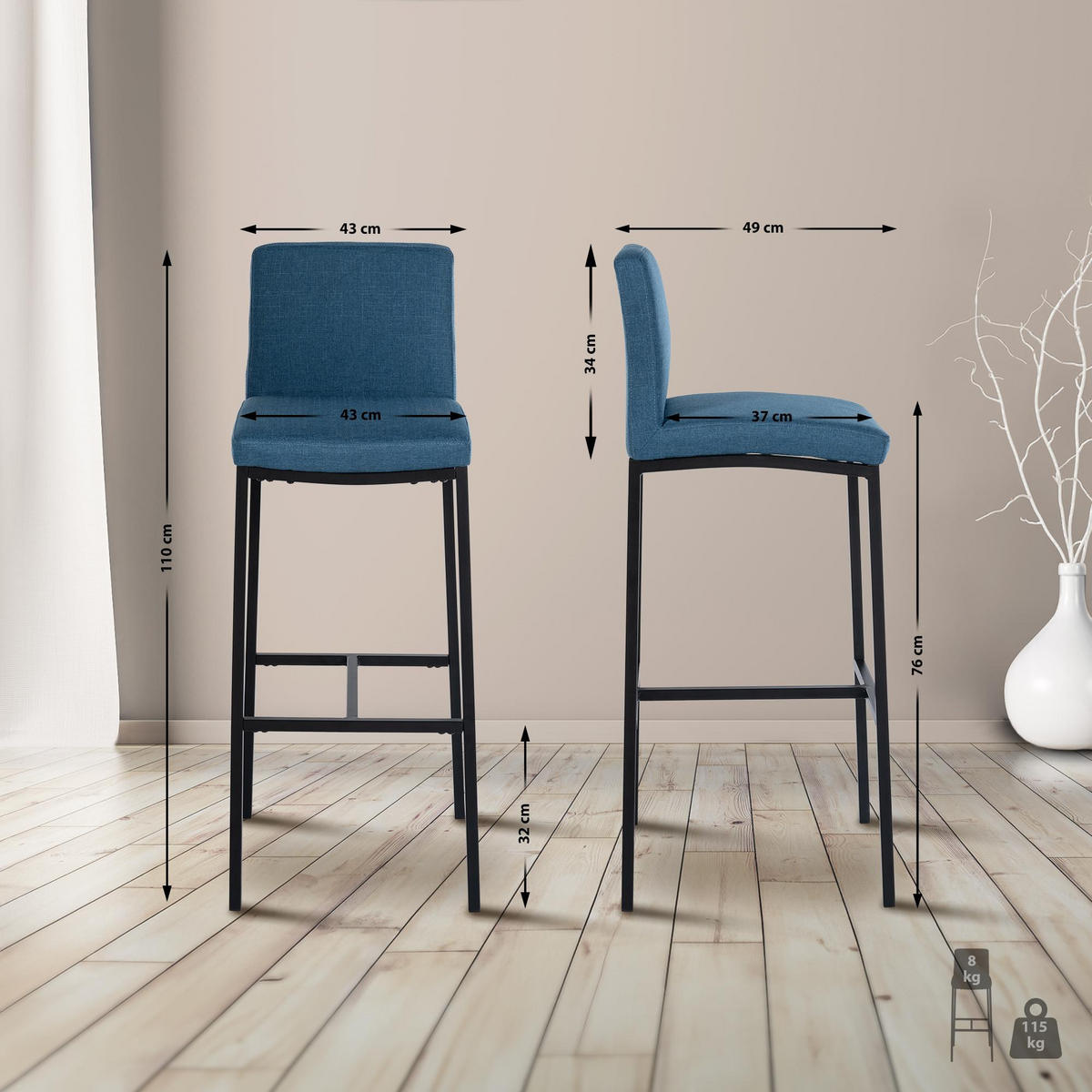 BARHOCKER Stoff Blau - Blau/Schwarz, Textil/Metall (43/110/49cm) - CLP