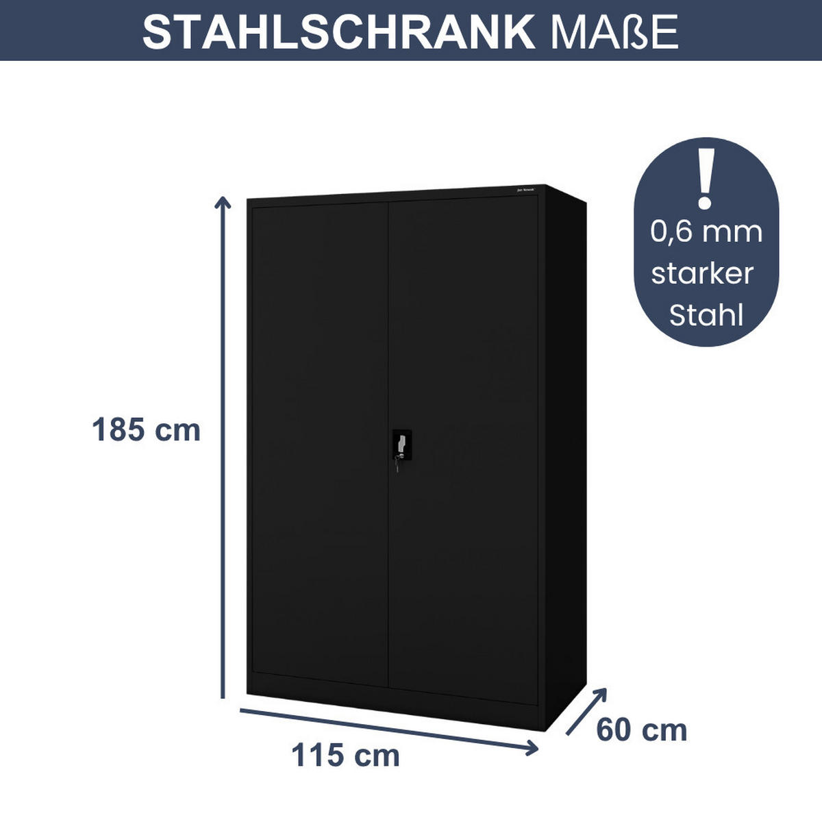 AKTENSCHRANK abschließbar KADO Flügeltüren 185x115x60cm Schwarz - Schwarz, Metall (115/185/60cm) - DELUKE