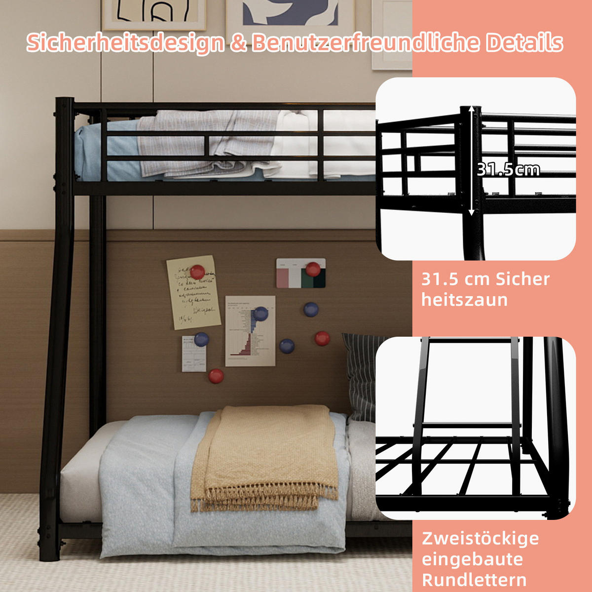 ETAGENBETT 140/200 cm aus Metall mit Leiter, erhöhtem Geländer und geräuscharmen Latten, Schwarz - Schwarz, Metall (140/200cm) - Redom