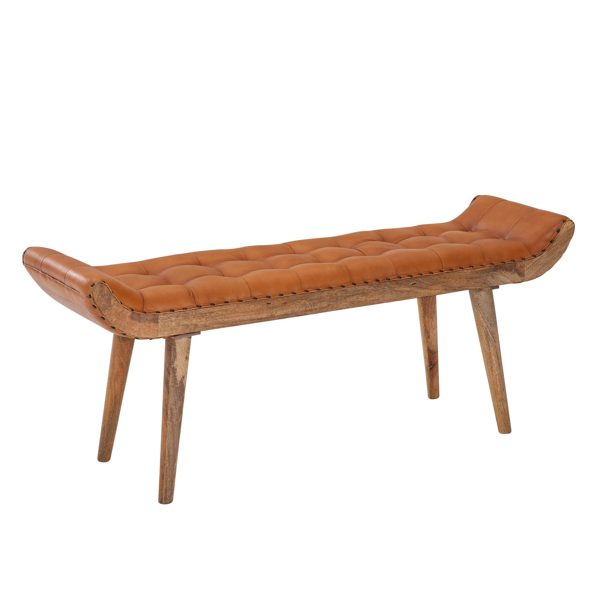 SITZBANK Massivholz Chesterfield Muster, Braun 125x38x50 cm - Braun, Mangoholz/Leder (125/50/38cm) - KADIMA DESIGN