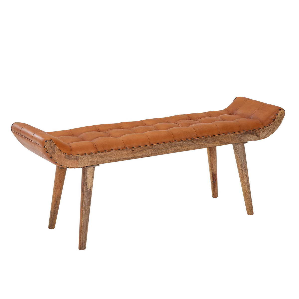 SITZBANK Massivholz Chesterfield Muster, Braun 125x38x50 cm - Braun, Mangoholz/Leder (125/50/38cm) - KADIMA DESIGN