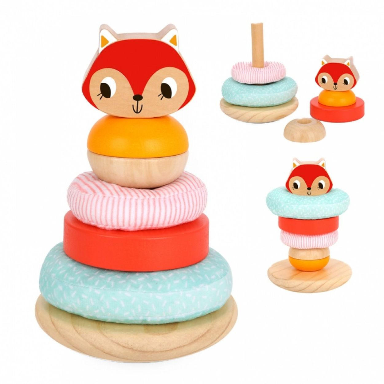 STAPELTURM Fuchs TH826 bunt 7 Teile, Holz, Fuchs-Motiv, schaukelnde Basis, ab 12 Monaten, haltbar - Multicolor, Holz (12/18/12cm) - Tooky Toy