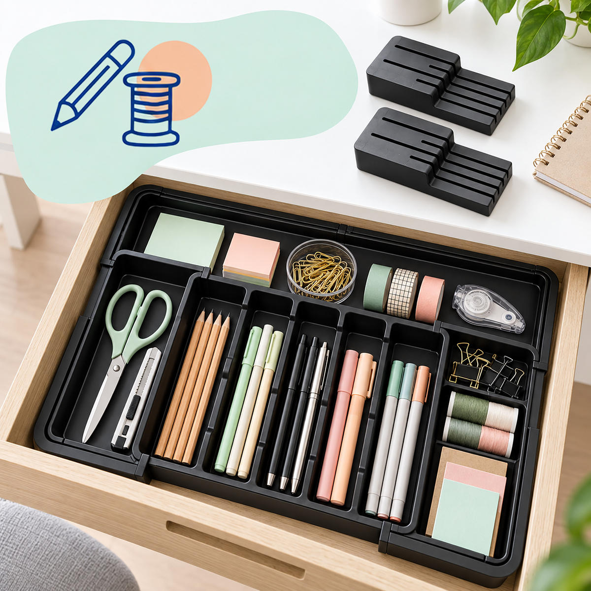 BESTECKKASTEN Schwarz ausziehbar mit Messereinsatz - Schwarz, Kunststoff (56.5/5/48.5cm) - Relaxdays