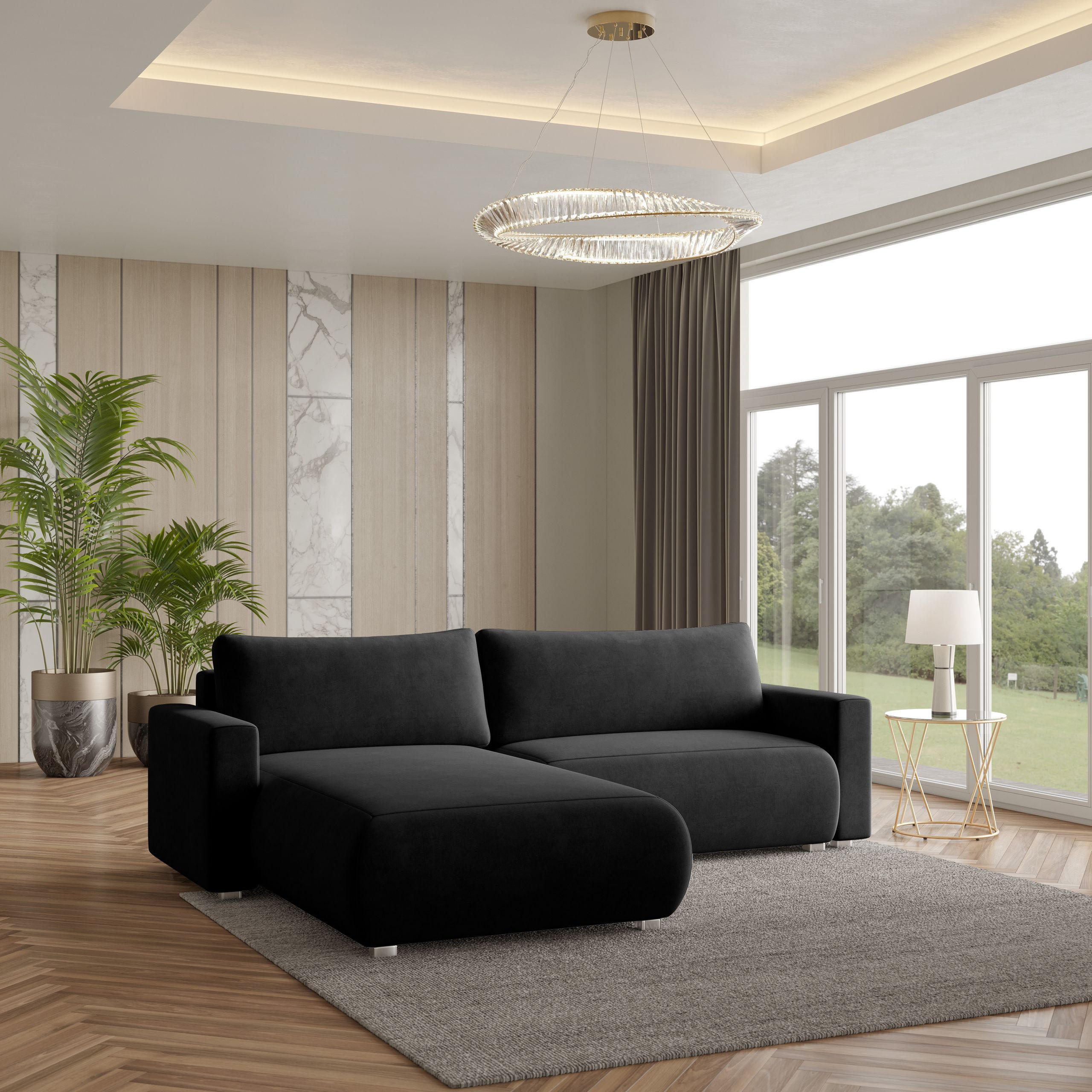 ECKSOFA TURIN M Schwarz Velours-Stoff mit Schlaffunktion - Schwarz, Holz (265/183cm) - MASSENO