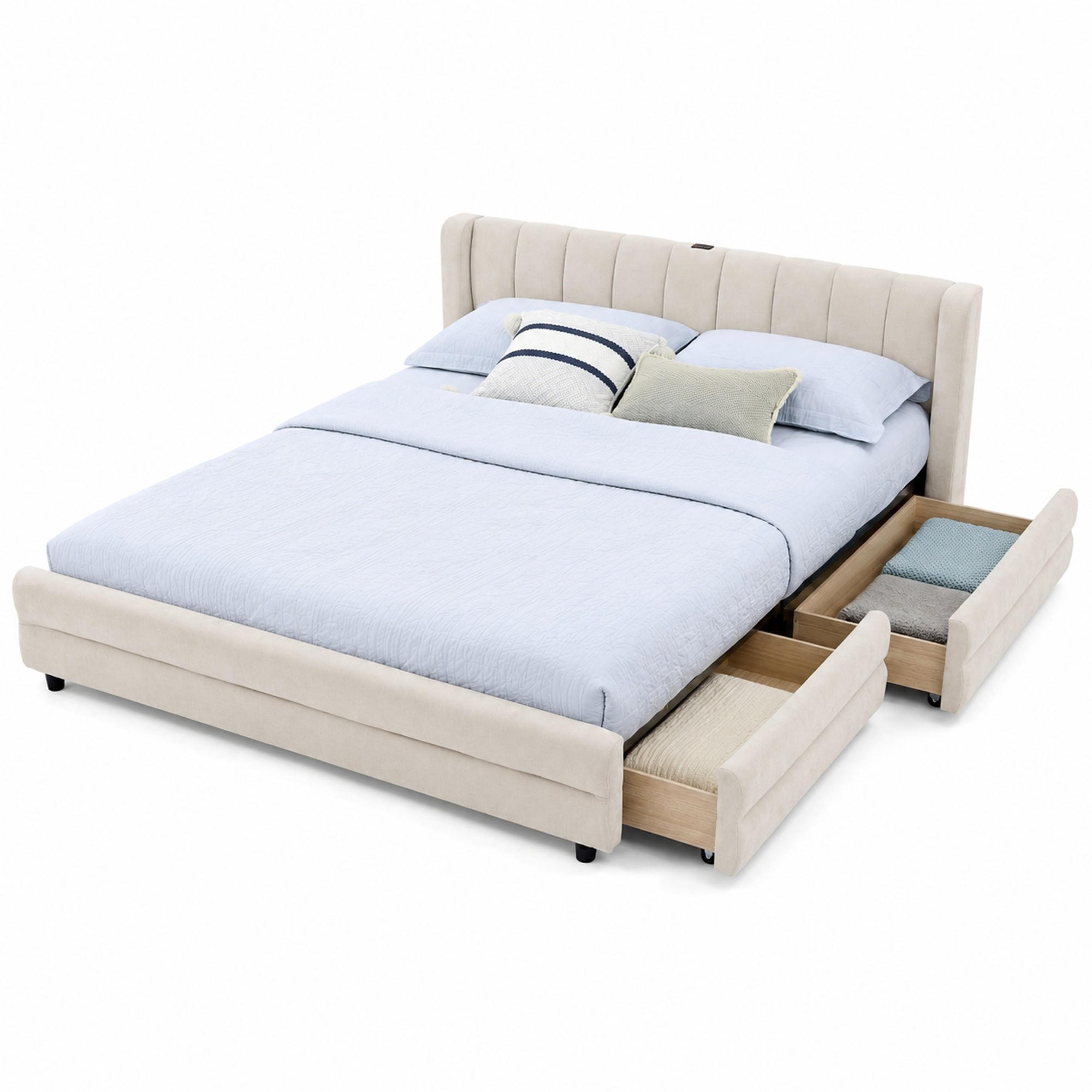 POLSTERBETT 140/200 cm in Beige mit 4 Schubladen, USB und Type-C Chenille - Beige, Holzwerkstoff/Textil (140/200cm) - CHICFURN