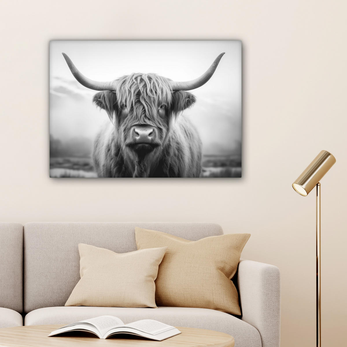 LEINWANDBILD - Schottischer Highlander - Nebel - Schwarz - Weiß - 80x60 - Malerei - Grau, Textil (80/60cm) - MuchoWow