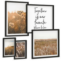 BILDER SET 5er Set - 50x50 cm & 20x30 cm & 40x60 cm Schwarzer Rahmen - Landschaftsgrasblumen Wärme - Schwarz, Kunststoff (40/60cm) - TULUP