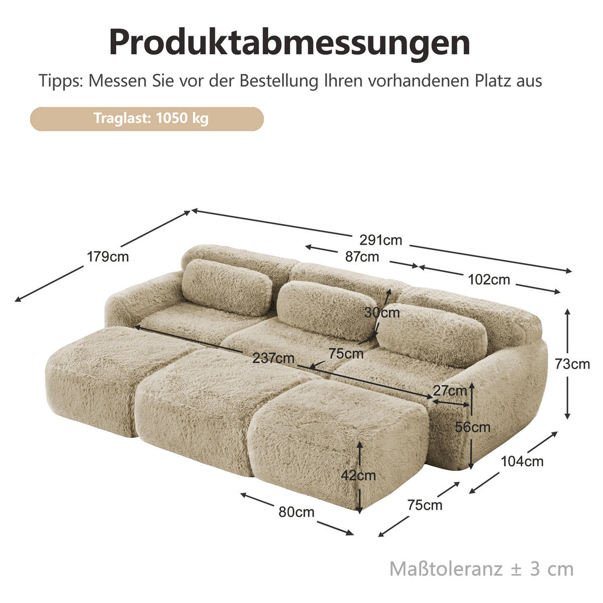3-SITZER-SOFA DE-34149 modular mit 3 Ottomans Hellkhaki - Sandfarben, Textil (179/73/291cm) - ComfortXL