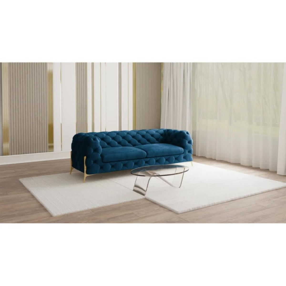 CHESTERFIELD-SOFA 3-Sitzer Lexi Marineblau Samt - Goldfarben/Dunkelblau, Holz/Textil (225/75/100cm) - S-Style Möbel