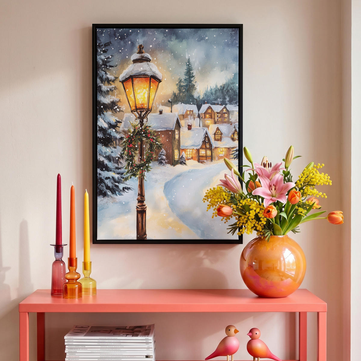 LEINWAND Bilder mit Rahmen - Weihnachtsdorf - Häuser - Schnee - Weihnachten - 40x60 - Sandfarben, Textil (40/60cm) - MuchoWow