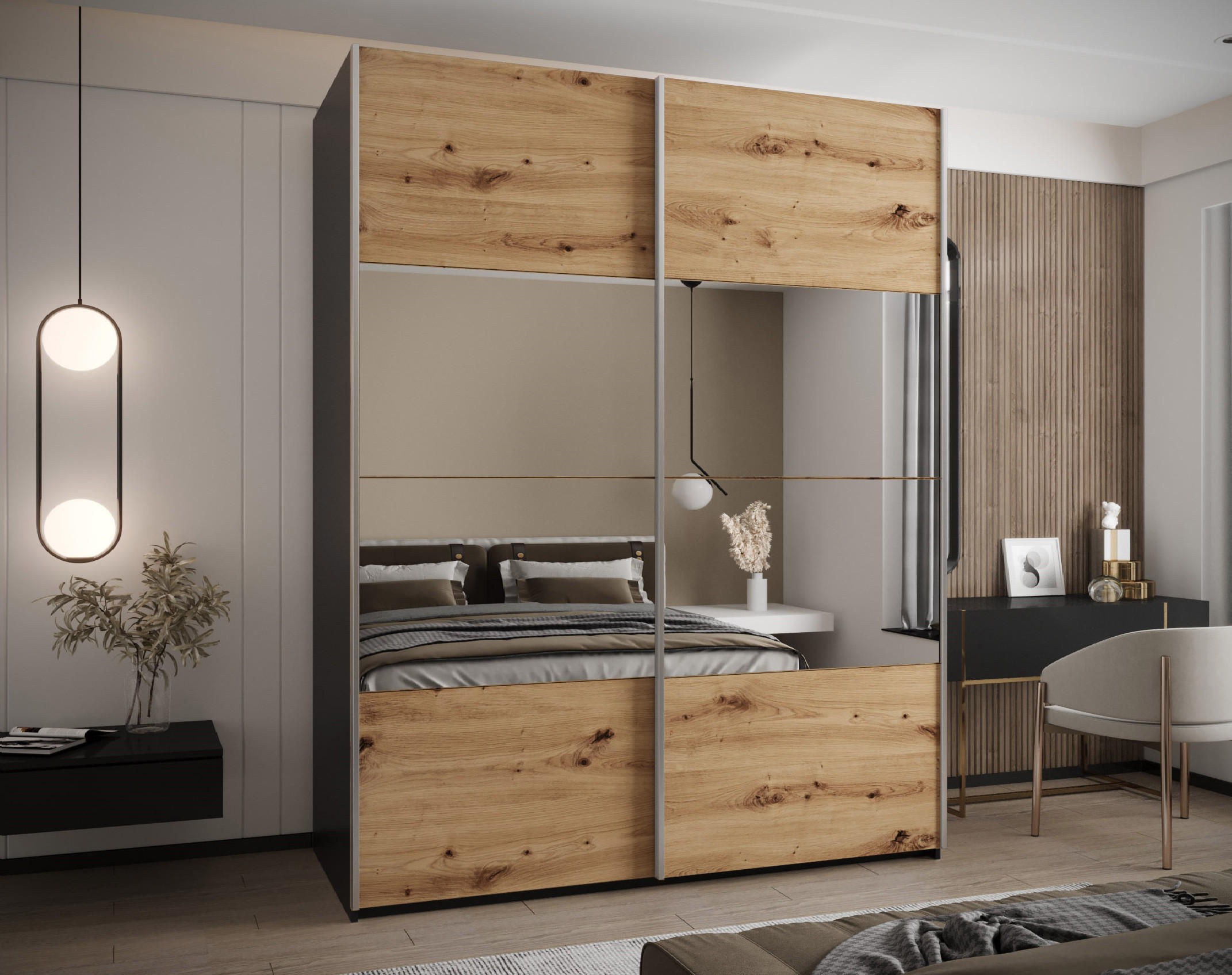 SCHWEBETÜRENSCHRANK 245,5/200/64 2-türig - Silberfarben/Schwarz, Holz/Metall (200/245/64cm) - Abiks Möbel