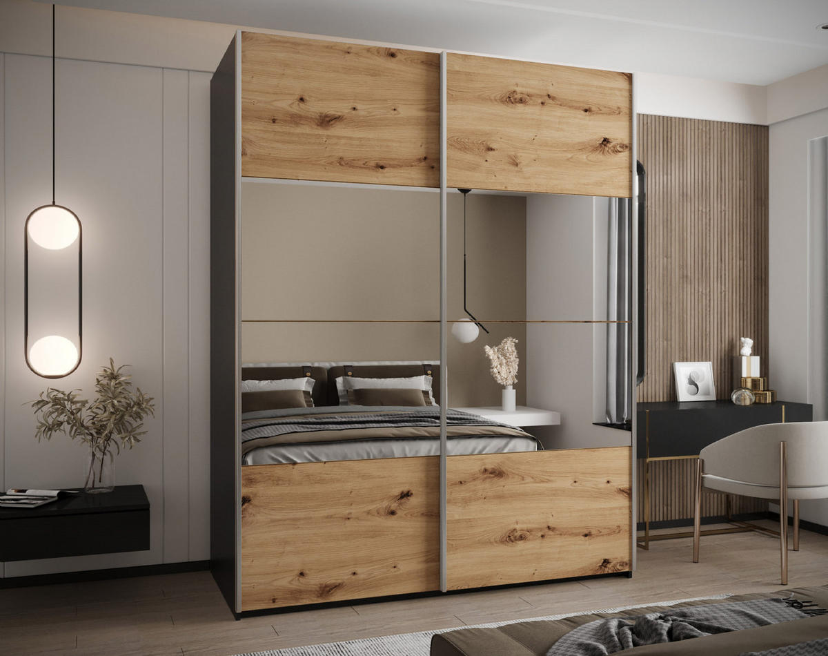 SCHWEBETÜRENSCHRANK 245,5/200/64 2-türig - Silberfarben/Schwarz, Holz/Metall (200/245/64cm) - Abiks Möbel