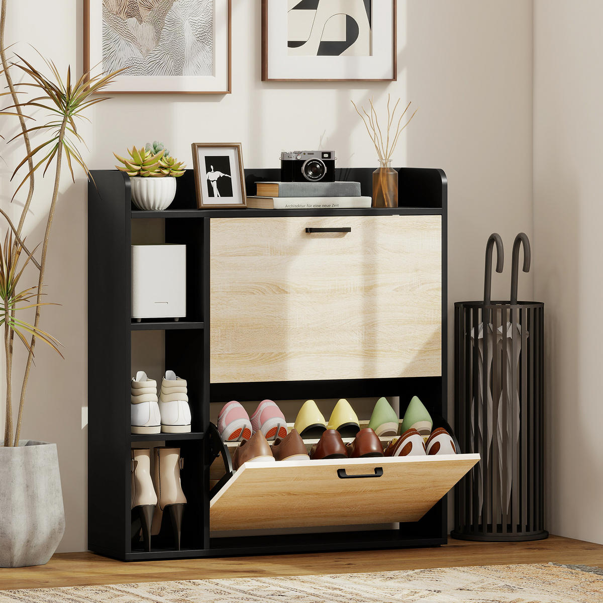 SCHUHSCHRANK Natur und Schwarz Holzwerkstoff klappbar mit Fächern 1 Stück - Naturfarben, Holzwerkstoff (83/90.5/24cm) - PANGIVO