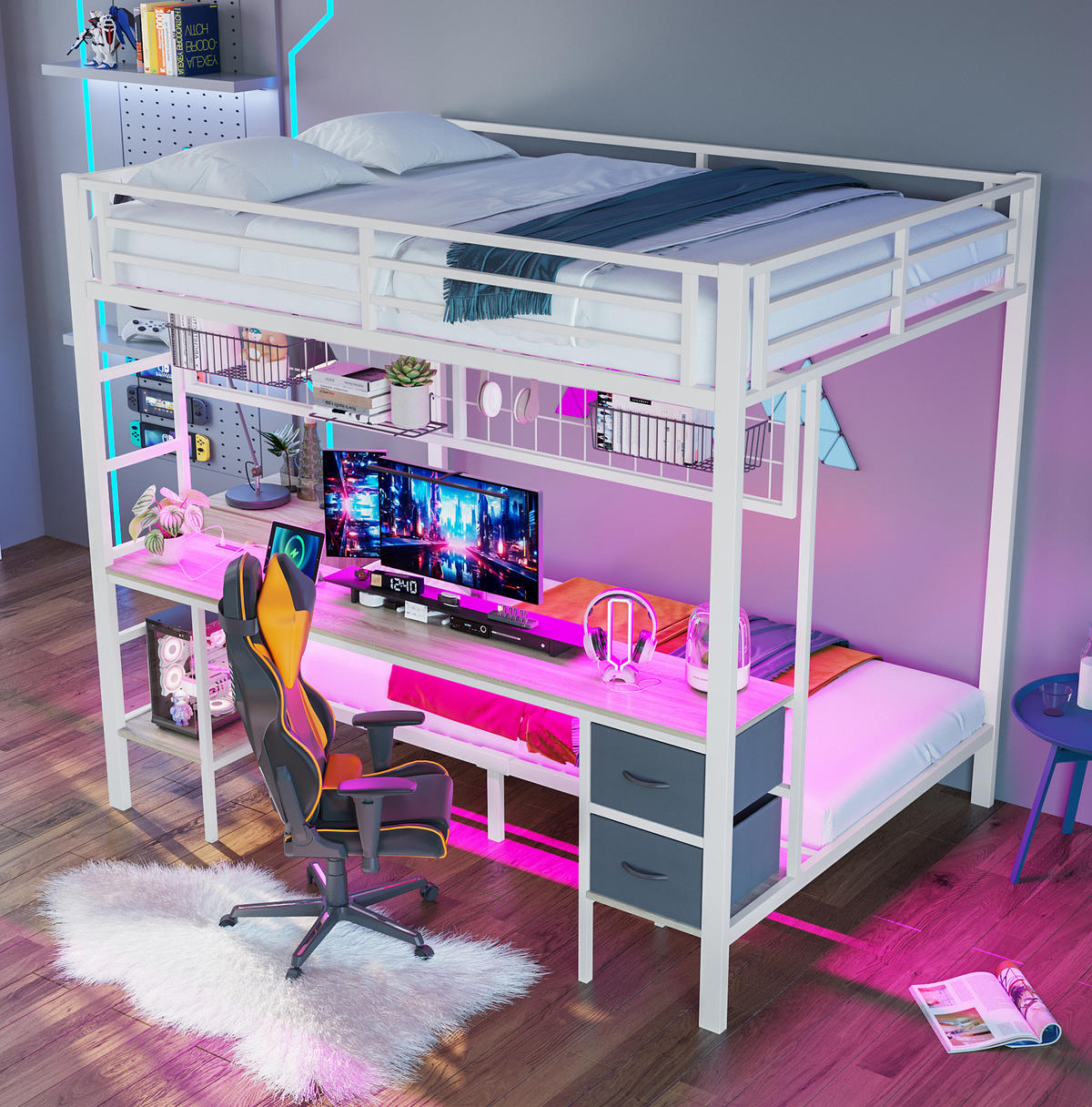 HOCHBETT mit Schreibtisch 140/200 cm in Weiß – mit Stauraum und LED-Leiste - Weiß, Metall (140/200cm) - BEAOK