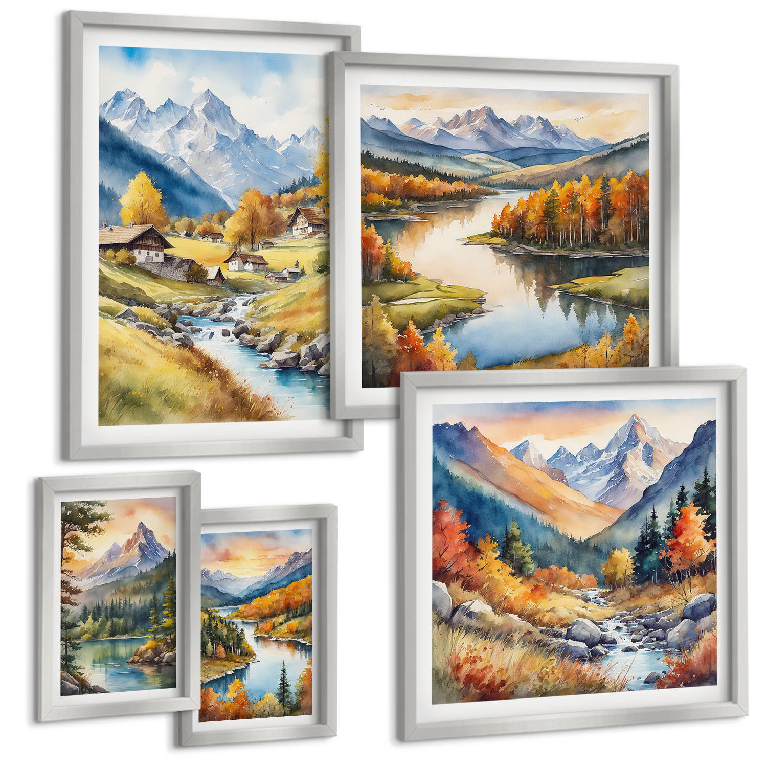 BILDER SET 5er Set - 50x50 cm & 20x30 cm & 40x60 cm Silberner Rahmen - Nachthimmel, Berge, Winter, Weltraum - Silberfarben, Kunststoff (40/60cm) - TULUP