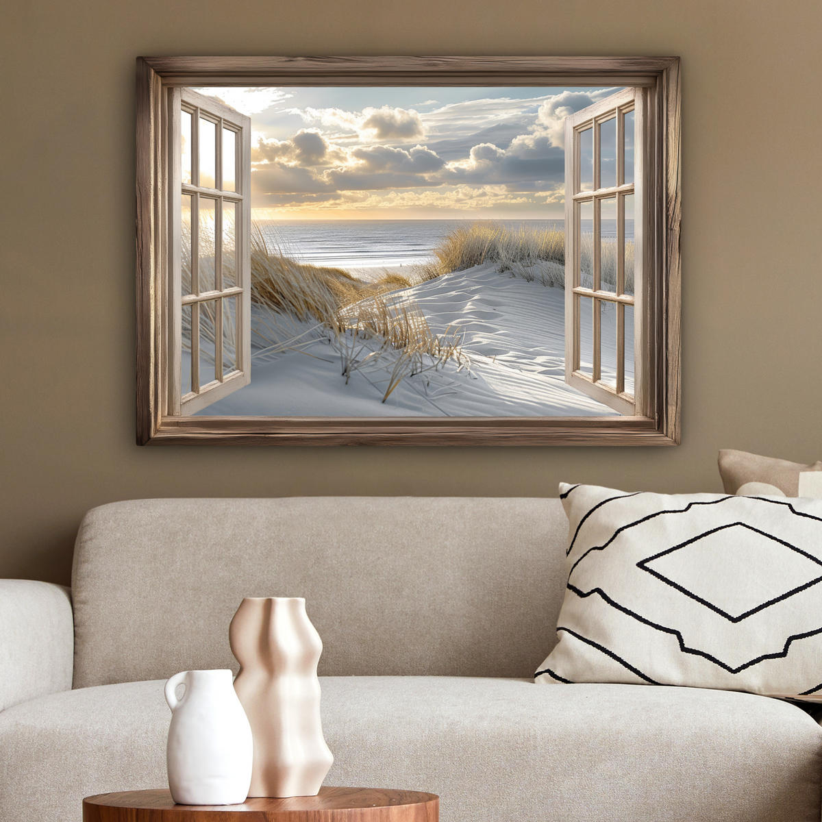 LEINWANDBILD Ausblick - Strand - Dünen - Meer - Natur Wandbilder 80x60 cm - Sandfarben, Textil (80/60cm) - MuchoWow