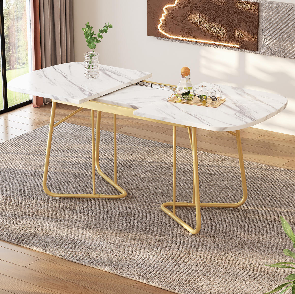 ESSTISCH 140-180x80 cm in Weiß aus MDF mit Marmoroptik und vergoldeten Metallbeinen, erweiterbar - Weiß, Holzwerkstoff (80/180/75cm) - Modfu