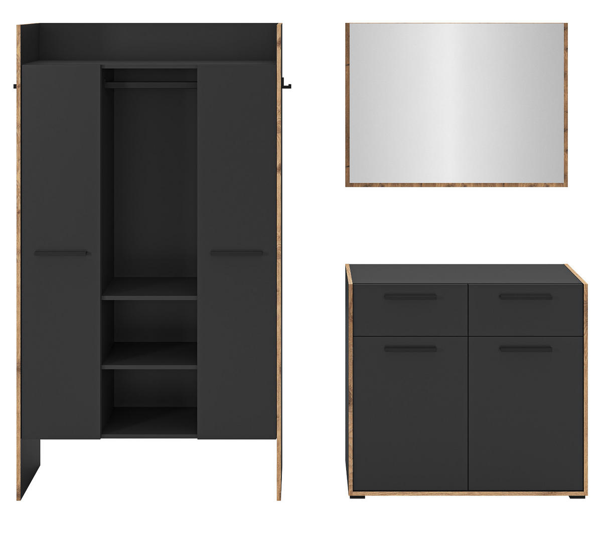 GARDEROBEN-SET 3-teilig grau, Eiche Nox 215 cm, Komplettset mit viel Stauraum - Eichefarben/Schwarz, Glas/Holzwerkstoff (215/189/37cm) - Inn.Furn