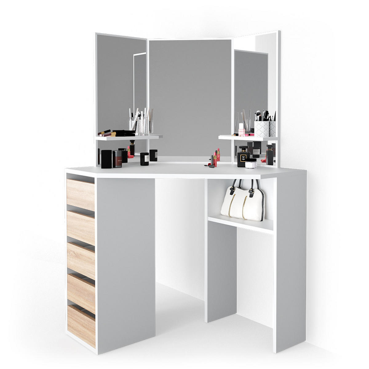ECKSCHMINKTISCH Arielle Weiß/Sonoma 110 cm - Weiß/Sonoma Eiche, Holzwerkstoff (110/141.5/54cm) - Vicco