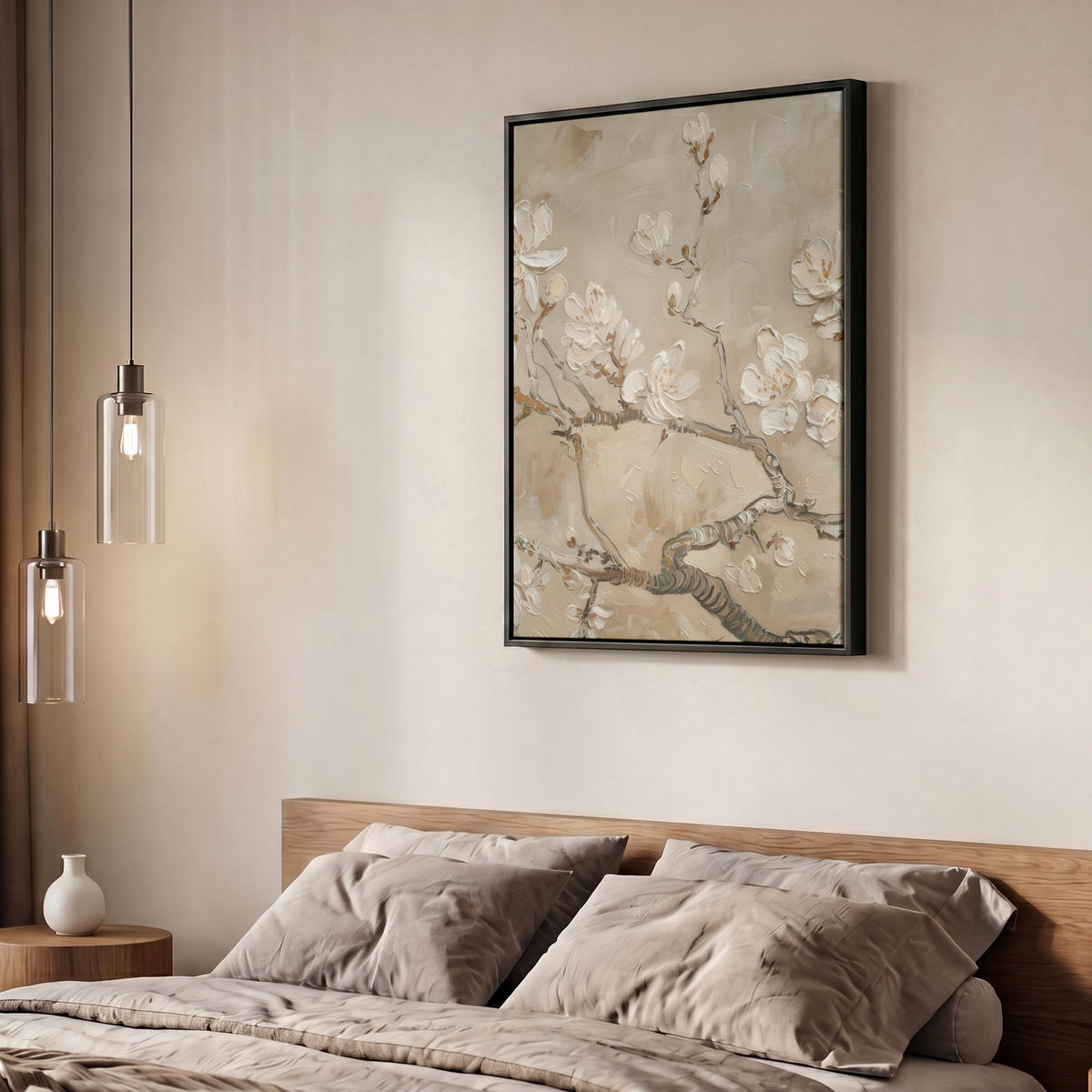 LEINWAND Bilder mit Rahmen - Blumen - Modern - Beige - Weiß - Blüte - 50x70 - Beige, Textil (50/70cm) - MuchoWow