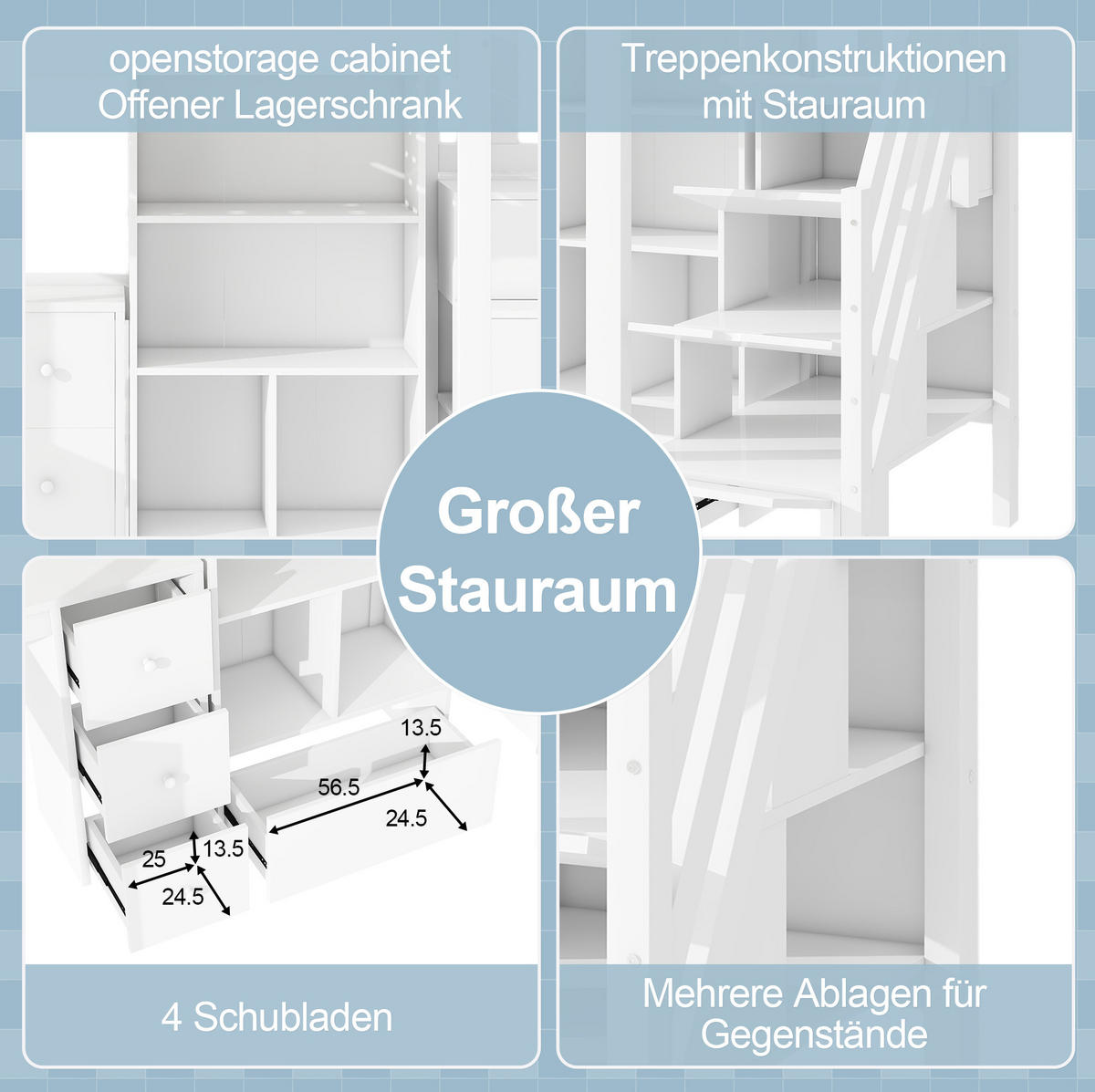 HOCHBETT aus Kiefernholz und MDF 90x200 cm Weiß mit Schreibtisch, Stauraumtreppe und Schubladen - Weiß, Holzwerkstoff (90/200cm) - IVMEU