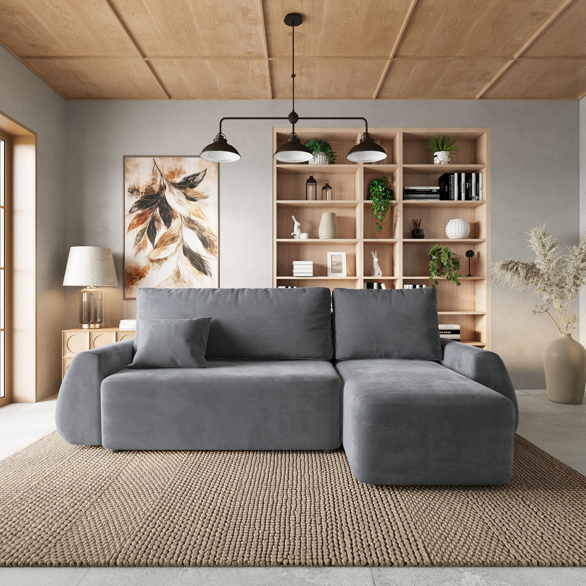 ECKSOFA GALVIS Grau Velours-Stoff mit Schlaffunktion - Grau, Holz (256/156cm) - MASSENO