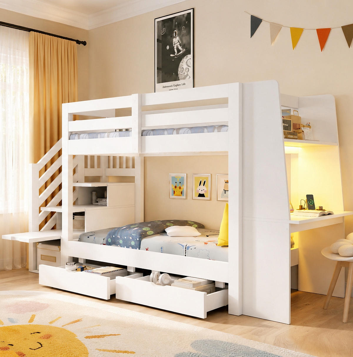 HOCHBETT aus Holz 90x200 cm Weiß mit Stauraumtreppe, Schreibtisch, LED-Beleuchtung und Schubladen - Weiß, Holz (90/200cm) - Modfu