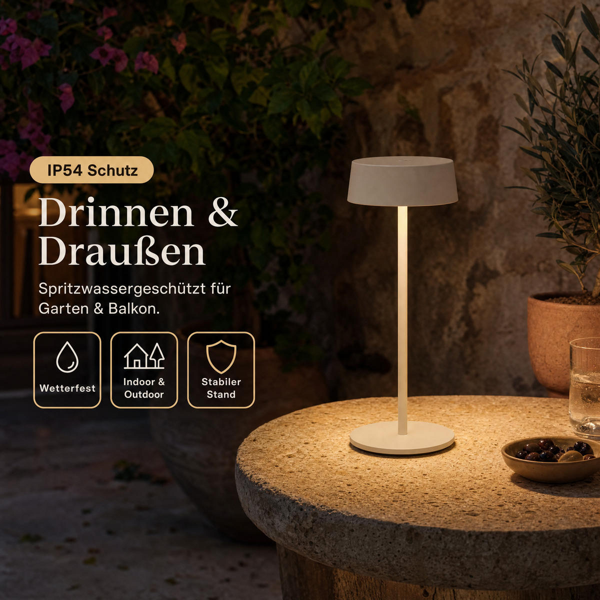 LED-TISCHLEUCHTE - dimmbar, kabellos, IP54, Metallgehäuse, für Innen- und Außenbereich, beige, höhenverstellbar - Beige, Metall (13.5/13.5/36cm) - Northpoint
