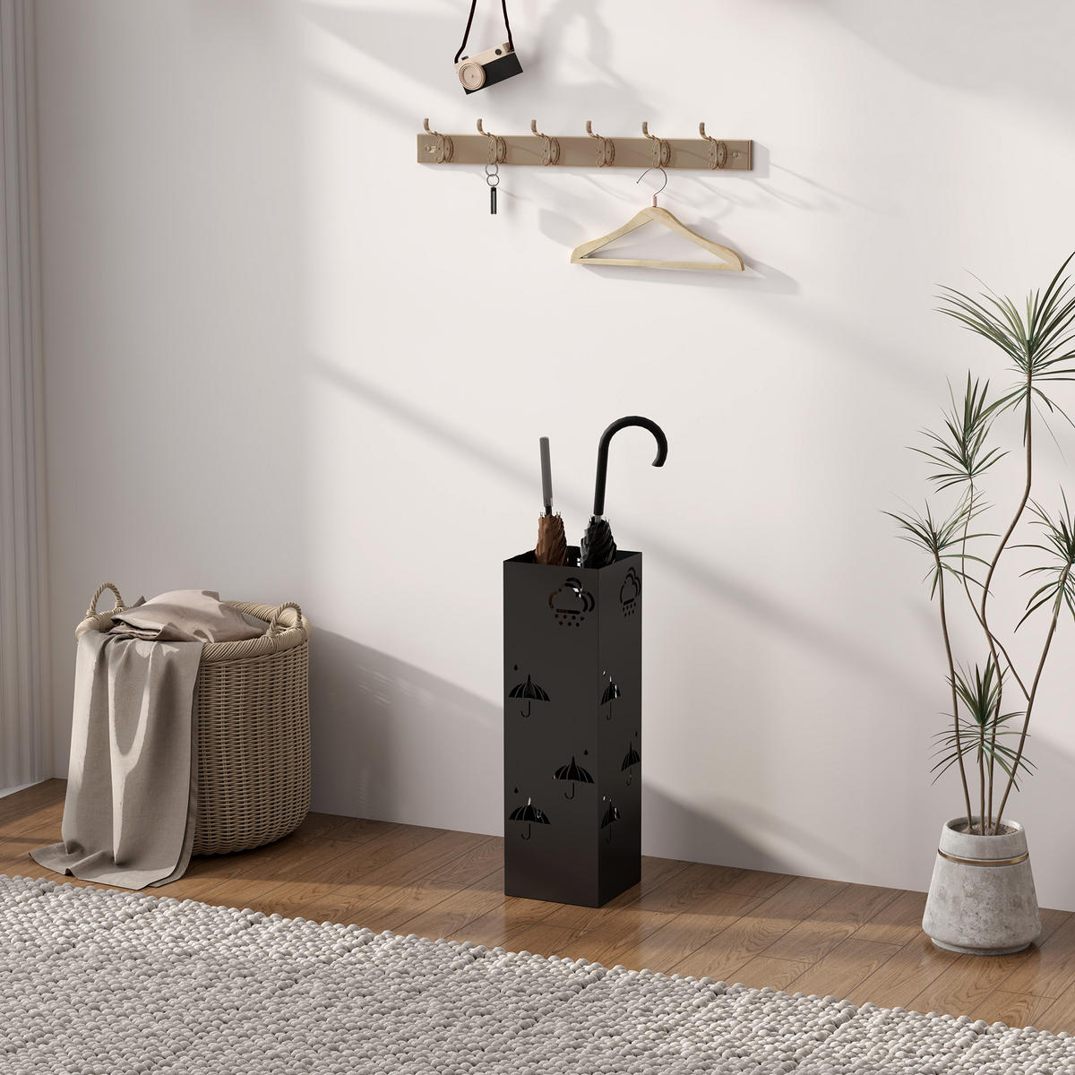 SCHIRMSTÄNDER mit 4 Haken, Stahl 15,5 x 15,5 x 49 cm Schwarz - Schwarz, Metall (15.5/49/15.5cm) - HOMCOM