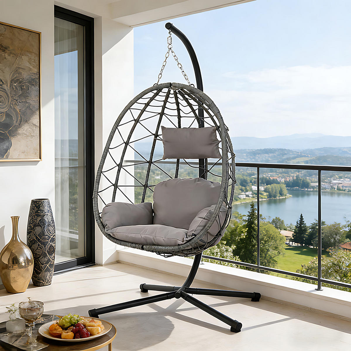 HÄNGESESSEL mit Gestell und Kissen aus Stahl PE-Rattan Polyester in Braun Schwarz Mittelgrau100 cm x 100 cm x 195 cm - Grau, Metall (100/195/100cm) - Livingandhome