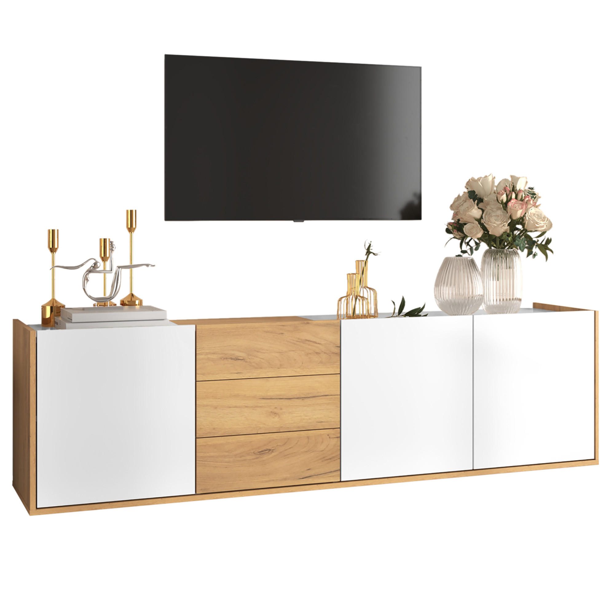 TV-SCHRANK 171,5/35/47 cm mit 3 Türen, 3 Schubladen und verstellbaren Einlegeböden, Weiß/Holzfarben - Weiß, Holzwerkstoff (171.5/47/35cm) - Redom