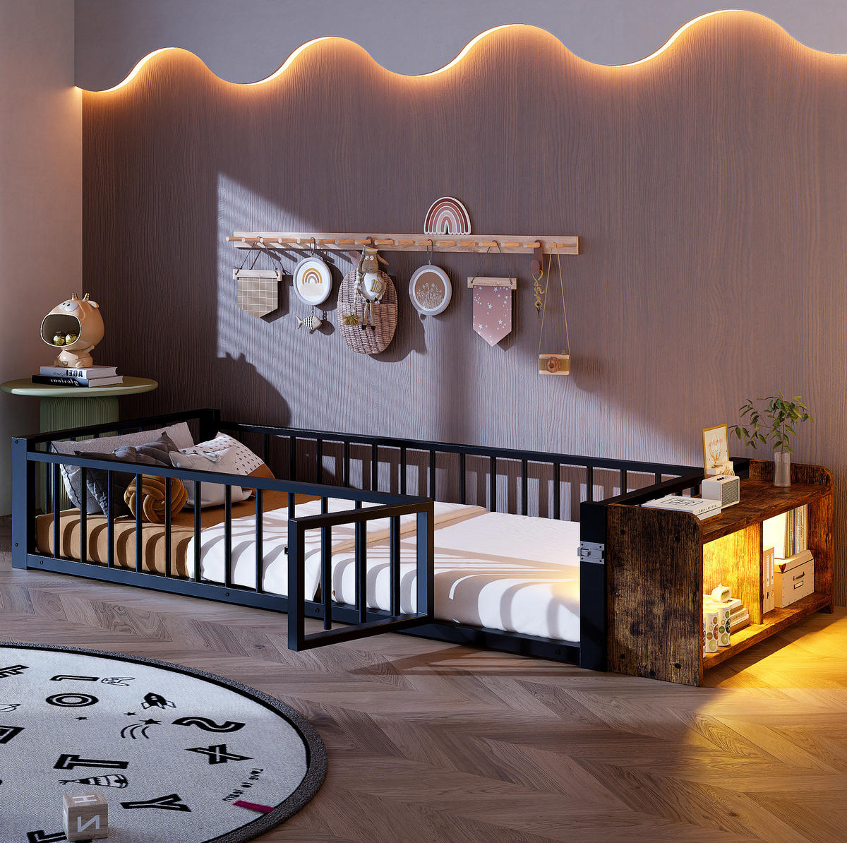 KINDERBETT 90/200 cm, Schwarz mit Schutzgeländer und LED, ohne Matratze - Schwarz, Metall (90/200cm) - MIVRAY