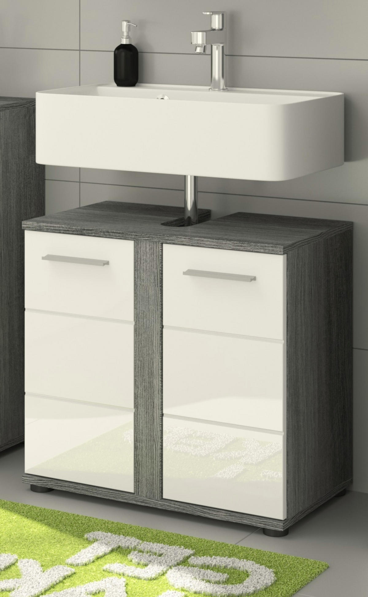 WASCHBECKENUNTERSCHRANK weiß Hochglanz, grau 60 cm, Badezimmer Unterschrank 2-türig - Weiß Hochglanz/Silberfarben, Holzwerkstoff/Kunststoff (60/57/34cm) - Inn.Furn