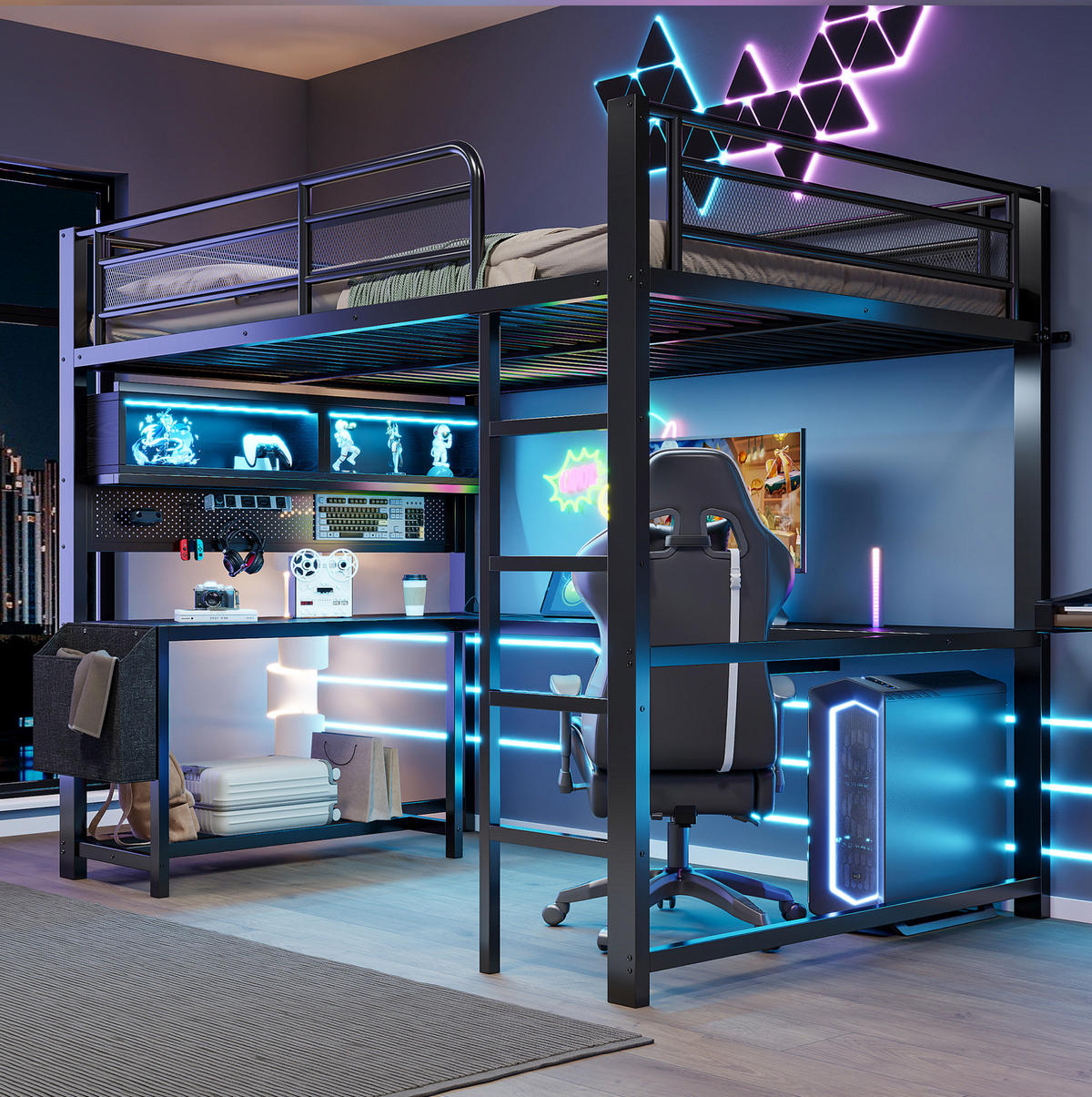 HOCHBETT 140/200 cm Schwarz mit Schreibtisch und LED - Schwarz, Metall (140/200cm) - MIVRAY