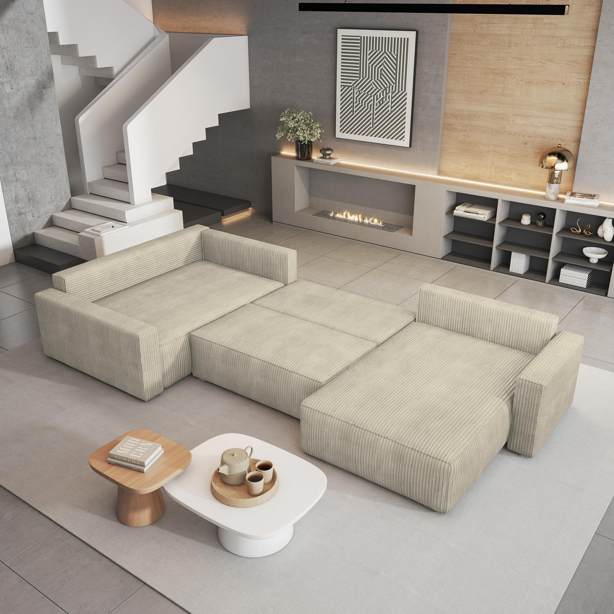 WOHNLANDSCHAFT VELAMI L-S Creme Kordstoff mit Schlaffunktion - Creme, Holz (365/83/194cm) - MASSENO