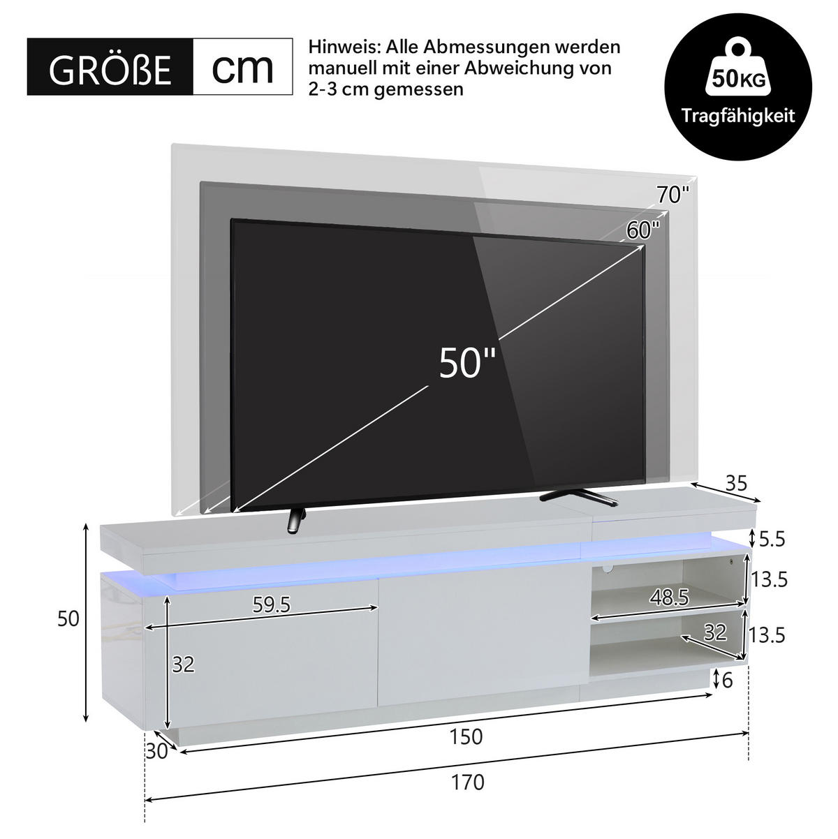 LOWBOARD 170/35/50 cm aus Spanplatte mit LED-Beleuchtung und Hochglanzfront Weiß - Weiß, Holzwerkstoff (170/50/35cm) - Modenvie