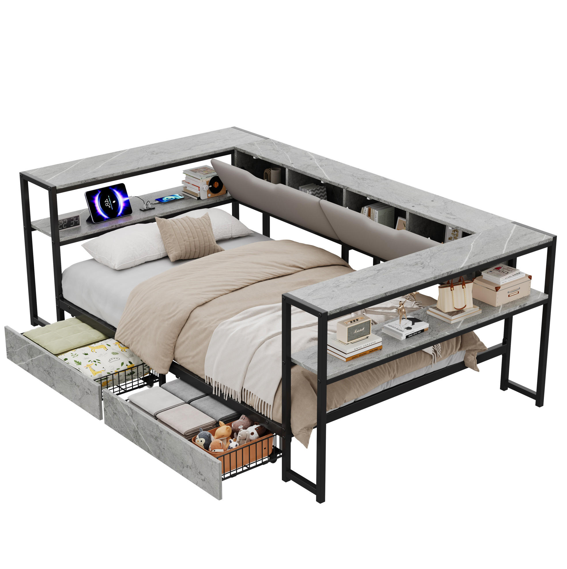 POLSTERBETT 90/200 cm grau aus MDF und Metall mit USB-C und 2 Schubladen - Grau, Holzwerkstoff (90/200cm) - OKWISH