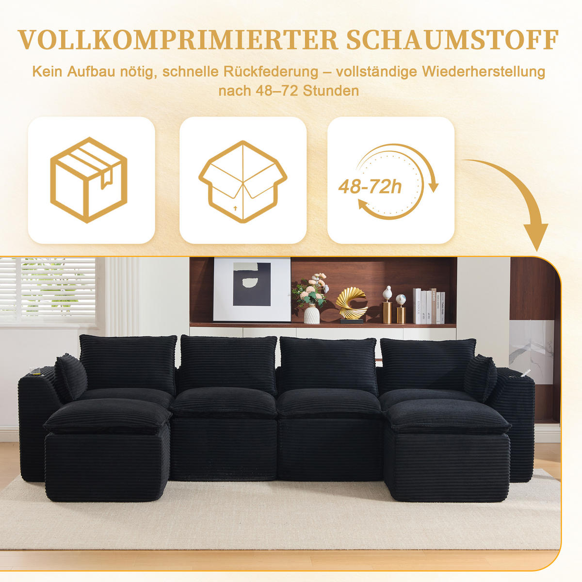 WOHNLANDSCHAFT mit 2 Fußhockern, Getränkehalter und Seitentaschen aus Cord - Schwarz, Textil (322/75/161cm) - EVRYAE