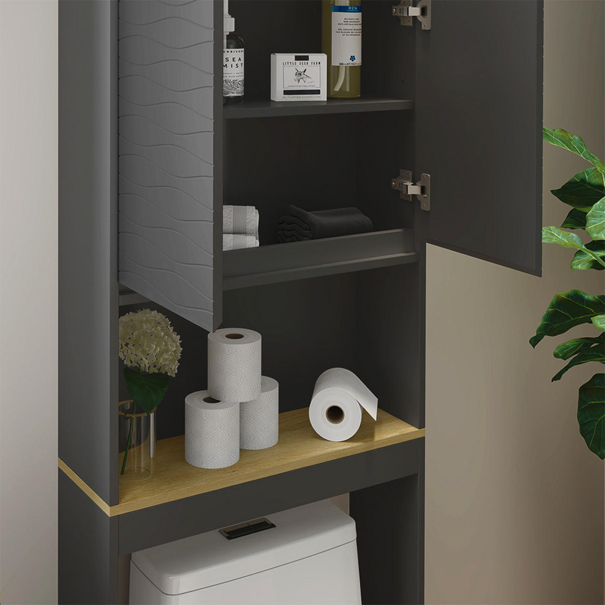 TOILETTENSCHRANK Livia Anthrazit 60 x 163 cm - Anthrazit/Naturfarben, Holzwerkstoff (60/163/20cm) - Vicco