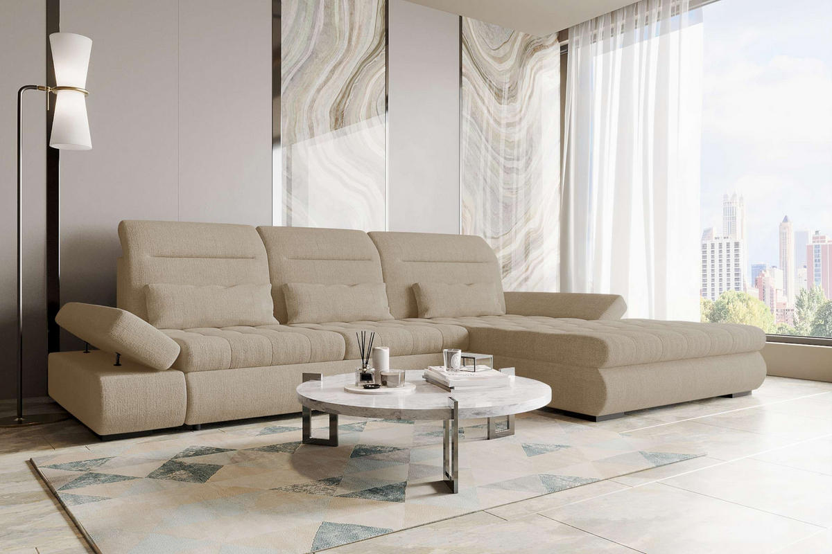 ECKSOFA Toscana Plus Velours inkl. Schlaffunktion - Creme, Textil (300/179cm) - 99rooms