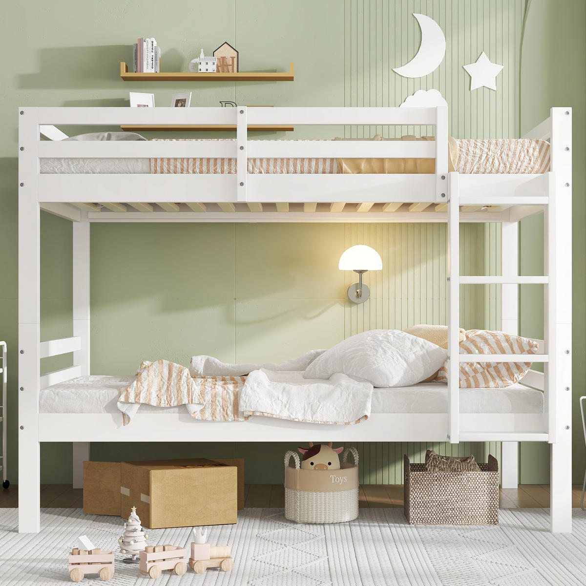 ETAGENBETT 90/200 cm Weiß aus Kiefer mit Absturzsicherung und Winkelleiter - Weiß, Holzwerkstoff (90/200cm) - OKWISH