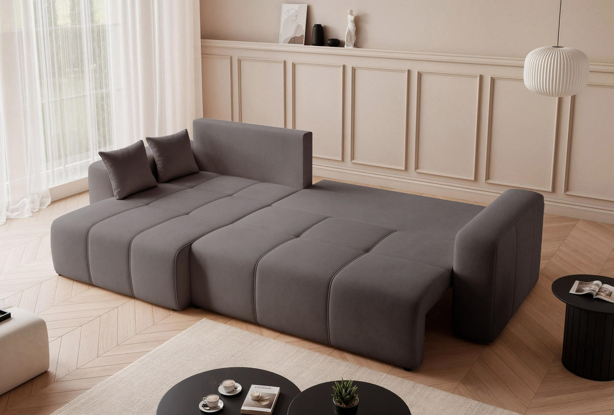 ECKSOFA XL Velours mit Bettkasten und Schlaffunktion - Dunkelgrau, Holzwerkstoff/Textil (278/145cm) - Idohome